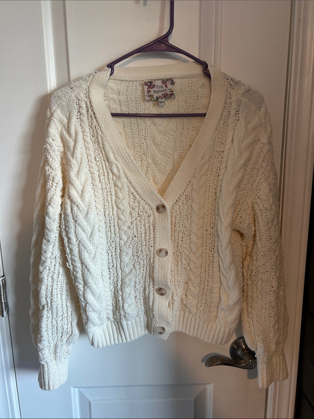 Pink Republic Ivory Cable-Knit Button Cardigan